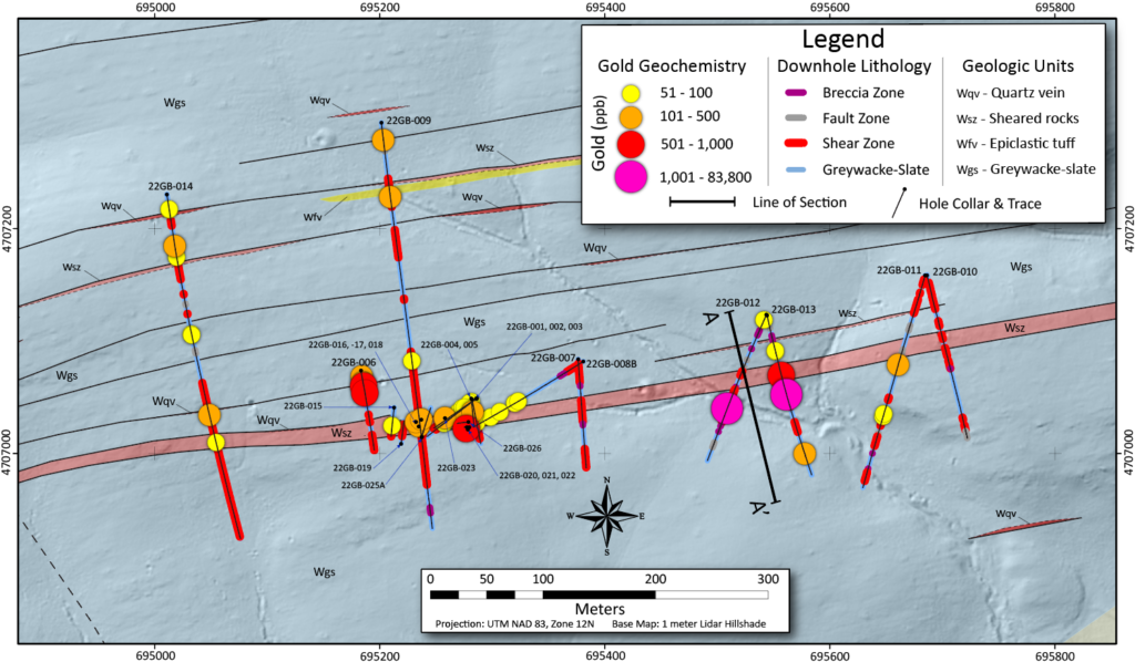Figure 1: Plan view map of drill hole traces with downhole lithology and gold assays (100ppb = 0.1 g/ton).